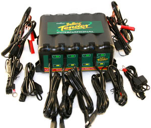 The Deltran Battery Tender 12-volt/2-amp 4-Bank Battery Management System with alligator clips, ring terminal, output cord