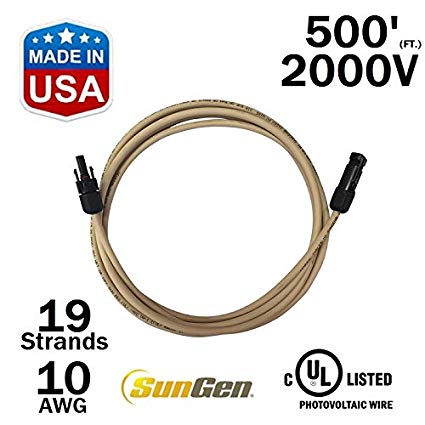 500 FEET SunGen Solar Panel Extension Cable Wire (500 Ft.) with MC4 Connectors PV UL-LISTED 10AWG - 2000V (500)