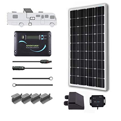 Renogy 100 Watts 12 Volts Monocrystalline Solar RV Kit Off-Grid Kit with 30A PWM LCD Charge Controller + Mounting Brackets + MC4 Connectors + Solar Cables + Cable Entry housing