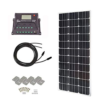 HQST 100 Watts 12 Volts Monocrystalline Slim Solar Panel Off-Grid RV and Boat Kit with 20A PWM LCD Display Charge Controller + Adaptor Cables + Mounting Brackets