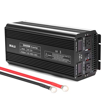 iRULU 3000W Microprocessor Power Inverter DC 12V to 110V AC Car Inverter With 2 AC Outlets 2A USB Car Adapter -Black