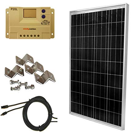 WINDYNATION Complete Solar 100 Watt Panel Kit: 100W Solar Panel + 20A LCD Display PWM Charge Controller + MC4 Connectors + Mounting Z Brackets for 12V Battery off grid, RV, Boat