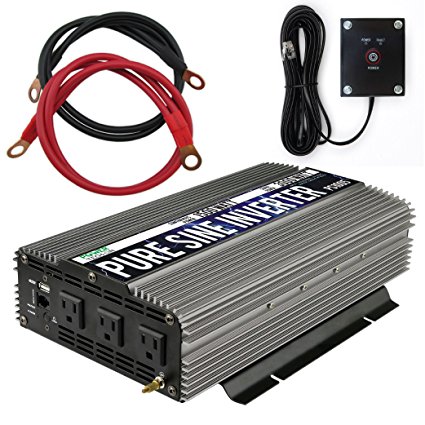 Power TechON 1500W Pure Sine Wave Power Inverter 12V DC to 120 V AC with 3 AC Outlets, 1 5V USB Port, 2 Battery Cables, and Remote Switch (3000W Peak) PS1005