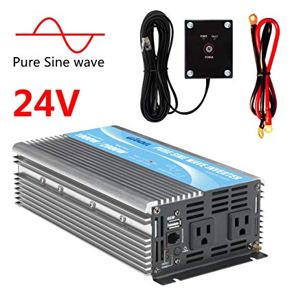 GIANDEL Pure Sine Wave Power Inverter 1000W DC 24V to AC 110V 120V with Remote Control with Dual AC Outlets &1A USB Port for RV Truck Car Solar System and Emergency